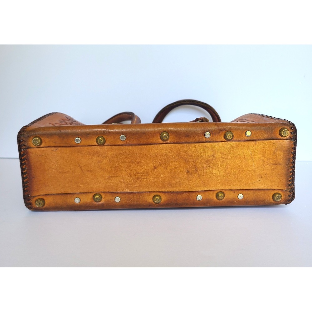 Vintage Brown Leather Tooled Handbag Western Boho Turn‎ Lock Festival Rustic - Picture 7 of 10